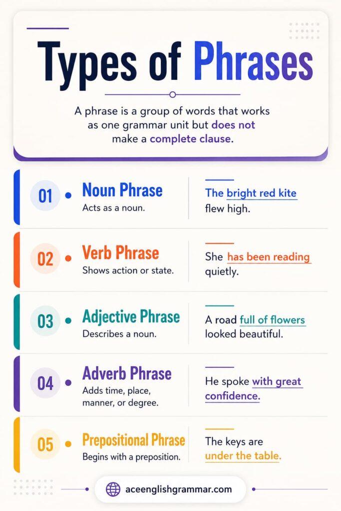 What is a phrase in English grammar with noun, verb, and prepositional examples.