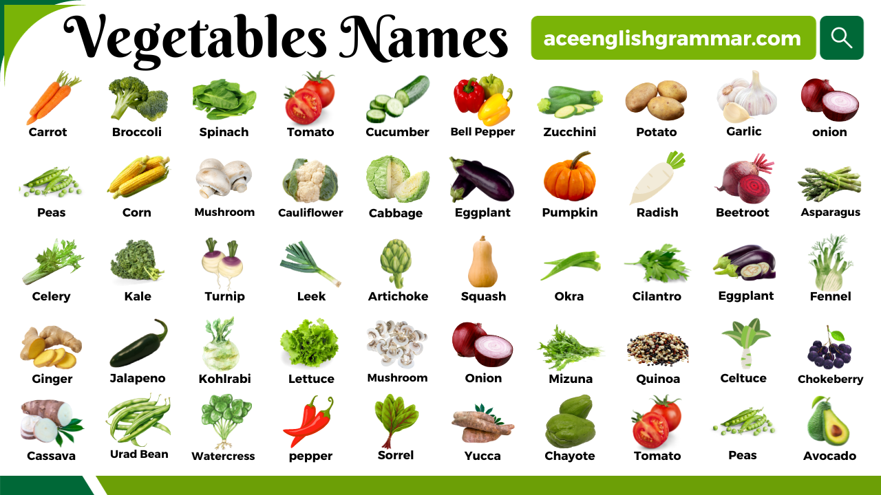 Vegetables Names in English with Pictures - AceEnglishGrammar