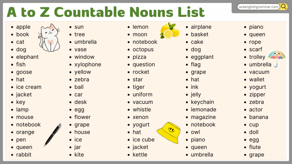 Countable Nouns Definition and A to Z Examples list