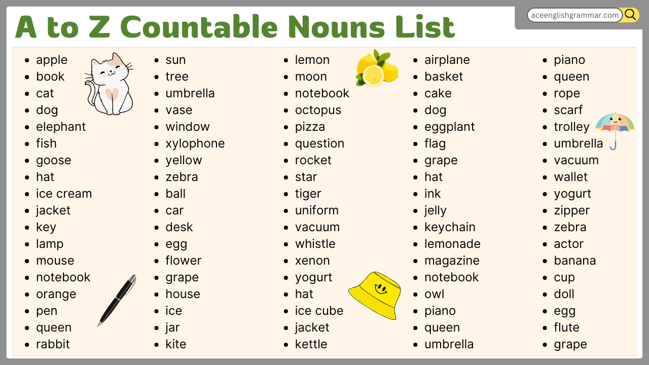 300 Countable Nouns List and Examples in English