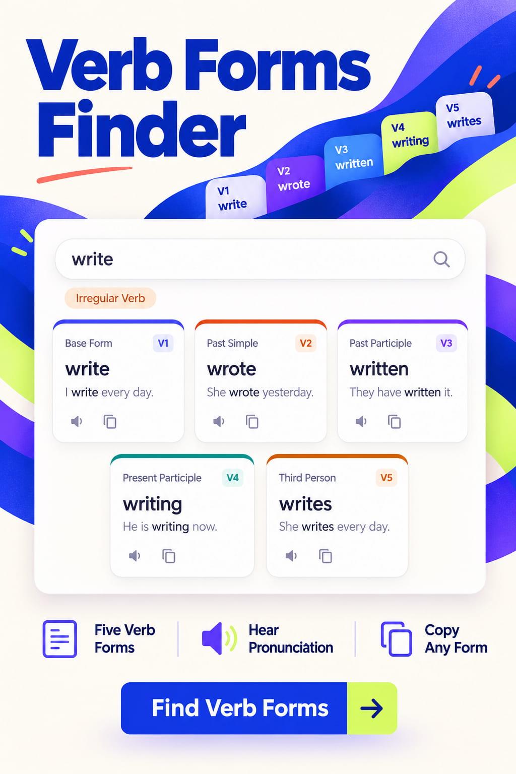 Verb form finder for English learners: base form, past simple, past participle, -ing form, and third person -s for any verb, with irregular verbs marked for ESL grammar practice